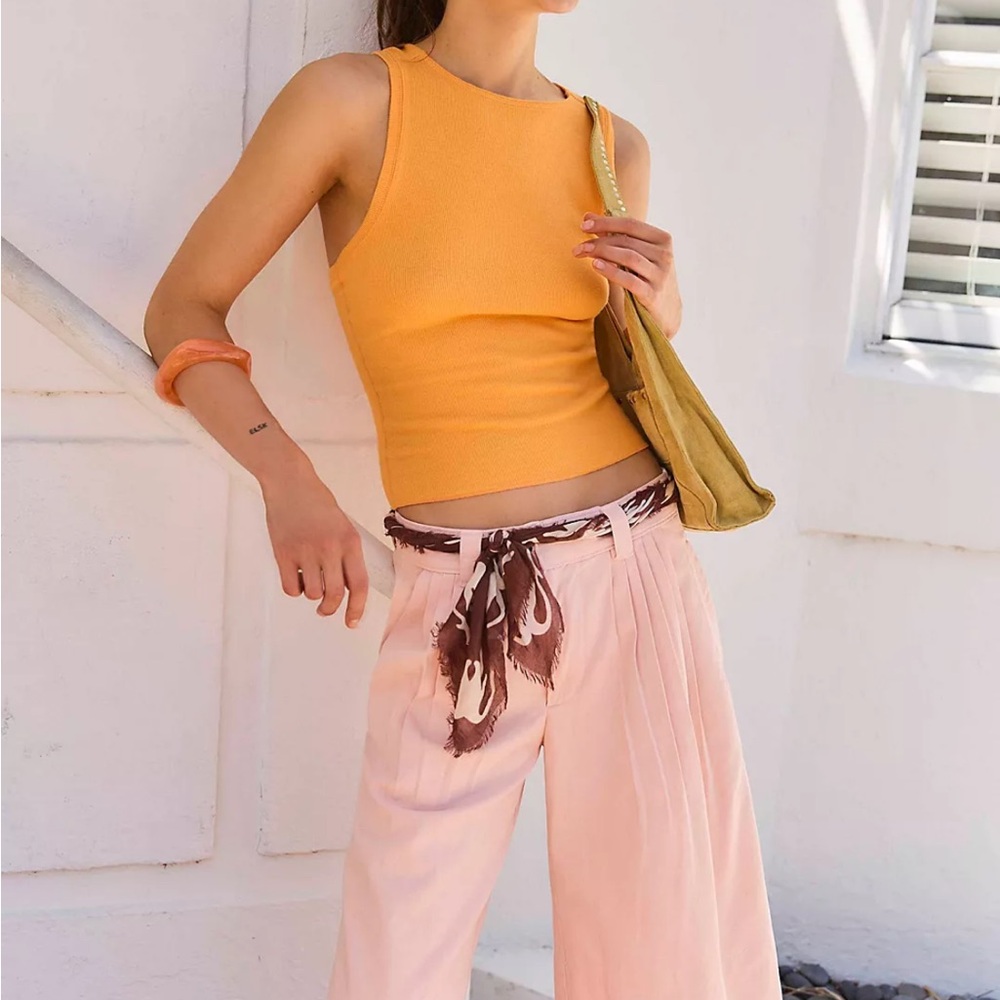 NWT Free People Yellow Ribbed Tank with Pink Wide-Leg Shorts